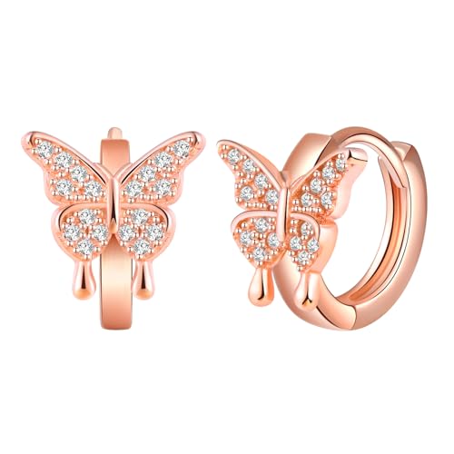 Yumilok Schmetterling Damen Ohrringe Zirkonia Creolen Damen Ohrstecker Silber 925 für Damen Mädchen Rosegold von Yumilok