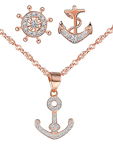 Yumilok Schmuckset Damen Schmuck Set Anker Ruder Halskette mit Ohrringen Zirkonia Kette Ohrstecker in 925 Sterling Silber für Mädchen Roségold von Yumilok