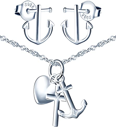 Yumilok Schmuckset Damen mit Zirkonia in 925 Sterling Silber mit Anker Herz Kreuz Anhänger Halskette Ohrringe Kette Set von Yumilok