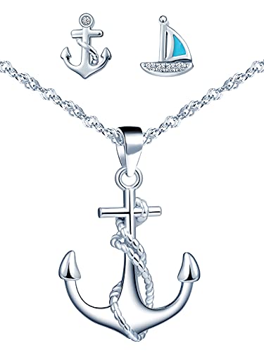 Yumilok Schmuckset für Damen Halskette & Ohrringe Set Anker Kette Ohrstecker in 925 Sterling Silber Segelboot Zirkonia von Yumilok