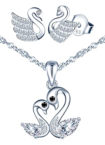 Yumilok Schmuckset für Damen Halskette & Ohrringe Set Liebe paar Schwan Kette Ohrstecker in 925 Sterling Silber Zirkonia von Yumilok