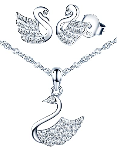 Yumilok Schmuckset für Damen Halskette & Ohrringe Set Schwan Kette Ohrstecker in 925 Sterling Silber Zirkonia für Frauen Mutter von Yumilok