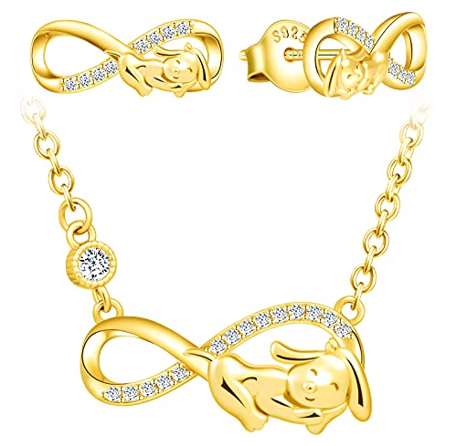 Yumilok Unendlichkeit Kette Hund Damen Halskette 925 Sterling Silber mit Anhänger Zirkonia Damen Ohrringe Ohrstecker Schmuck Set Mädchen gold von Yumilok