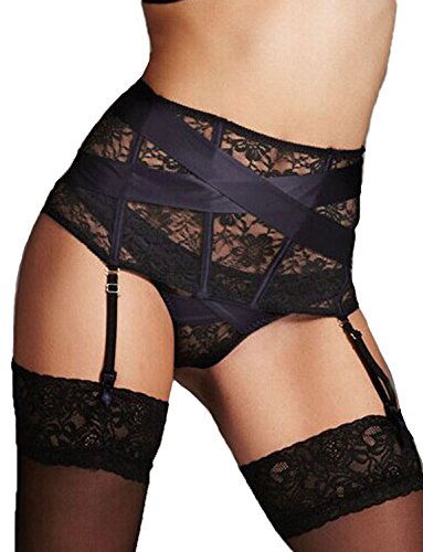 Yummy Bee Hoch Taillierter Strapsgürtel Spitze Dessous Set Tanga Größe 36-50 (Schwarz, 44) von Yummy Bee