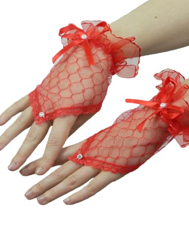 Yummy Bee - Fingerlose Handschuhe Kurz - Spitzenhandschuhe Schwarz Gothic Brautweiß Rot - Halloween Kostüm Damen (Rot) von Yummy Bee