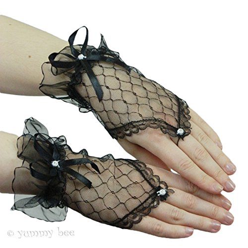 Yummy Bee - Fingerlose Handschuhe Kurz - Spitzenhandschuhe Schwarz Gothic Brautweiß Rot - Halloween Kostüm Damen (Schwarz) von Yummy Bee
