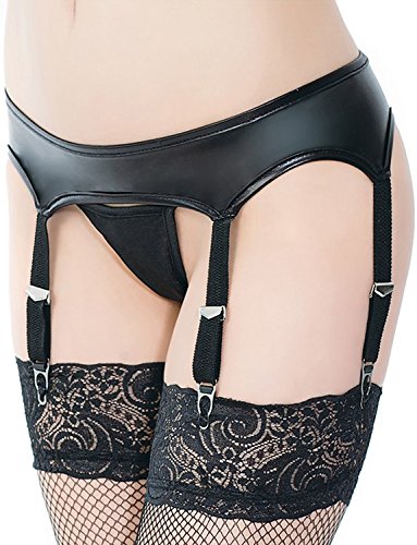 Yummy Bee Schmaler Strapsgürtel Kunstleder Metallklipse Dessous Set Reizwäsche Schwarz Größe 36-54 (36) von Yummy Bee