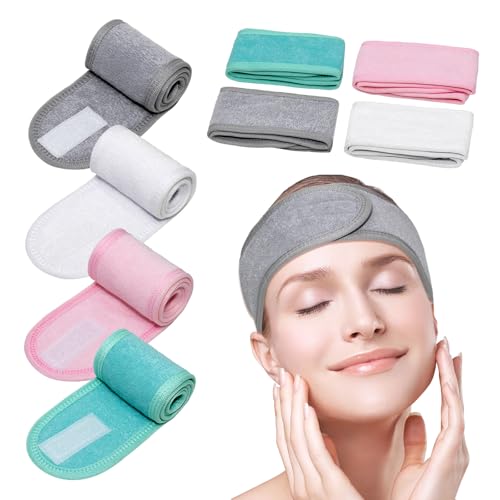 4 Stück Haarband für Make Up Verstellbares,Spa-Gesichtsband Weich und Hautfreundlich,Gesichtspflege-Stirnband mit Magic-Aufkleber,für Duschen Gesicht Waschen Yoga Sport,4 Farben von YunJoyous