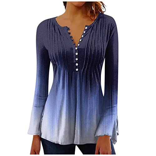 Bluse Damen Elegant， V-Ausschnitt Blumen Bedruckt Knopfleiste Langarmshirt A Linien Plissiertes Langarm T Shirt Slim Sommer Oberteile Casual Tunika Tops Boho Tops Ethnic Oversize Bluse von YunYoud