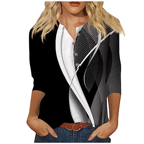 Shirt 3/4 Arm Damen Musterdruck T Shirt V-Ausschnitt Knopfleiste Blusenshirt Elegant Sommer Oberteile Relaxed Fit Longbluse Klassische Passform Festliche Blusen Damen Tops Sommer Locker von YunYoud