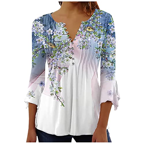 YunYoud Bluse Damen Elegant， V-Ausschnitt Blumen Bedruckt Knopfleiste Langarmshirt A Linien Plissiertes Langarm T Shirt Slim Sommer Oberteile Casual Tunika Tops Boho Tops Ethnic Oversize Bluse von YunYoud