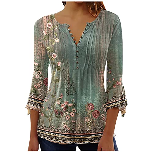 YunYoud Bluse Damen Elegant， V-Ausschnitt Blumen Bedruckt Knopfleiste Langarmshirt A Linien Plissiertes Langarm T Shirt Slim Sommer Oberteile Casual Tunika Tops Boho Tops Ethnic Oversize Bluse von YunYoud