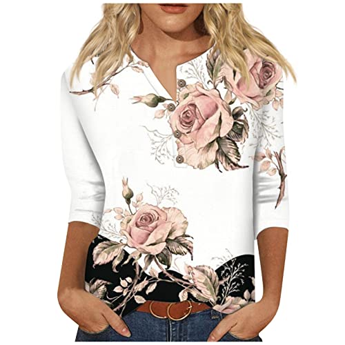 YunYoud Blusenshirt Damen 3/4 Arm Blümchenmuster Druck T Shirt V-Ausschnitt Knopfleiste Blusenshirt Elegant Tunika Tops Regular Fit Longshirt Klassische Passform Tunika Bluse Longbluse Damen Lässig von YunYoud