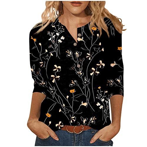 YunYoud Blusenshirt Damen 3/4 Arm Blumen Bedruckt T Shirt V-Ausschnitt Knopfleiste Blusenshirt Elegant Tunika Tops Regular Fit Tunika Bluse Relaxed Fit Trachtenbluse Sommerblusen Damen Leicht von YunYoud