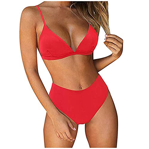 YunYoud Damen Bikini Set V Ausschnitt Riemchen Bikini Bademode Bandeau Tierdruck Zweiteiliger Badeanzug Swimsuit Einfarbig Tankini Oberteil Hochtaillierte Shorts Badeanzug von YunYoud