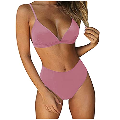 YunYoud Damen Bikini Set V Ausschnitt Riemchen Bikini Bademode Bandeau Tierdruck Zweiteiliger Badeanzug Swimsuit Einfarbig Tankini Oberteil Hochtaillierte Shorts Badeanzug von YunYoud