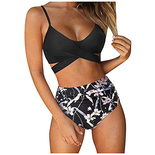 YunYoud Damen Hoch tailliert Saitenkreuz Blumen Bedruckt Badeanzug Bauchweg Push Up Cross Back Bademode Bikini Set Damen High Waist Sportlich Schwimmanzug von YunYoud