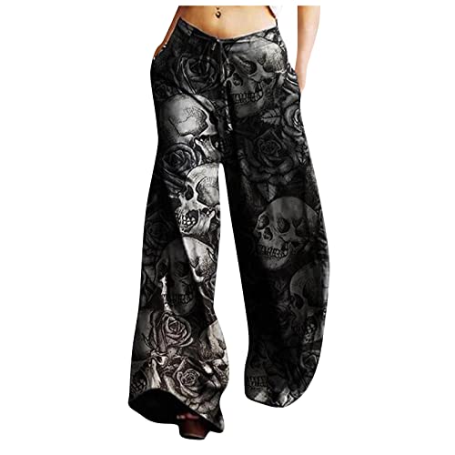 YunYoud Haremshose Damen Lockere Totenkopf Drucken Sommerhose 7/8 Freizeithose Boho Pumphose Elastischer Bund Jogginghose mit Weitem Bein Halloween Hosen Herbst Hose Yogahose von YunYoud