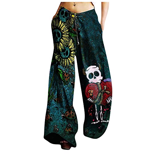 YunYoud Haremshose Damen Lockere Totenkopf Drucken Sommerhose 7/8 Freizeithose Boho Pumphose Elastischer Bund Jogginghose mit Weitem Bein Halloween Hosen Herbst Hose Yogahose von YunYoud