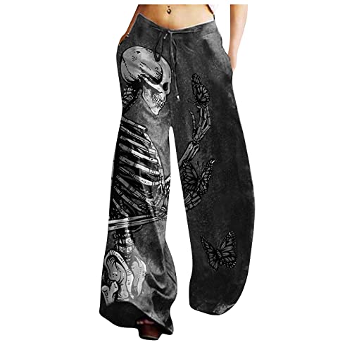 YunYoud Haremshose Damen Lockere Totenkopf Drucken Sommerhose 7/8 Freizeithose Boho Pumphose Elastischer Bund Jogginghose mit Weitem Bein Halloween Hosen Herbst Hose Yogahose von YunYoud