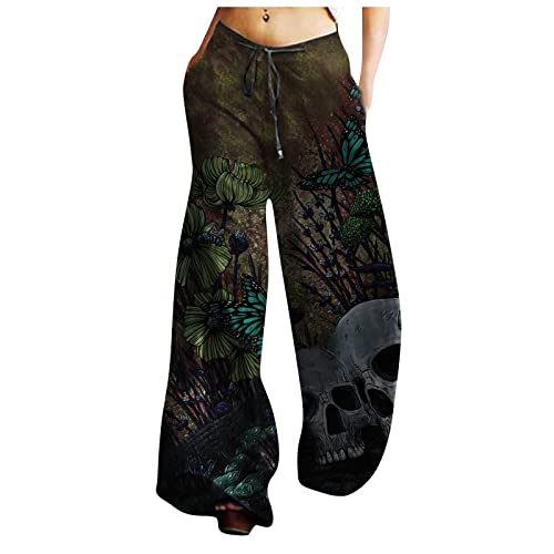 YunYoud Haremshose Damen Lockere Totenkopf Drucken Sommerhose 7/8 Freizeithose Boho Pumphose Elastischer Bund Jogginghose mit Weitem Bein Halloween Hosen Herbst Hose Yogahose von YunYoud