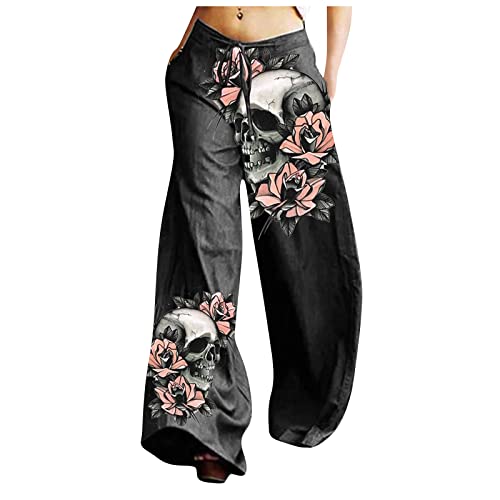 YunYoud Haremshose Damen Lockere Totenkopf Drucken Sommerhose 7/8 Freizeithose Boho Pumphose Elastischer Bund Jogginghose mit Weitem Bein Halloween Hosen Herbst Hose Yogahose von YunYoud