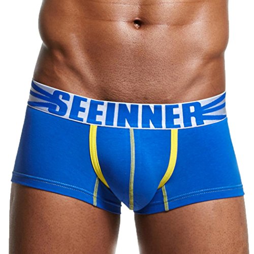 YunYoud Herren Reizvoller Unterwäsche Männer Letters drucken Kurze Hose Boxer Unterhose Stitching Boxershorts Atmungsaktiv Baumwolle Slip (L, Blau) von YunYoud