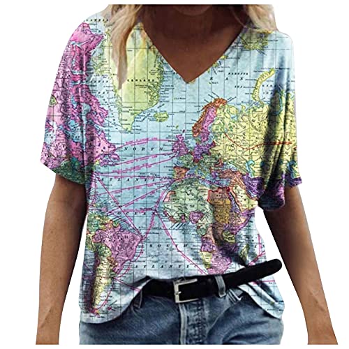 YunYoud T-Shirt Damen Oversized Mode Lose V Ausschnitt Kurzarm Tshirt Sommer Oberteile Vintage Drucken Bluse Streetwear Sport Weltkarte Drucken Sweatshirt Teenager Mädchen Tunika Lang Tops T-shirt von YunYoud