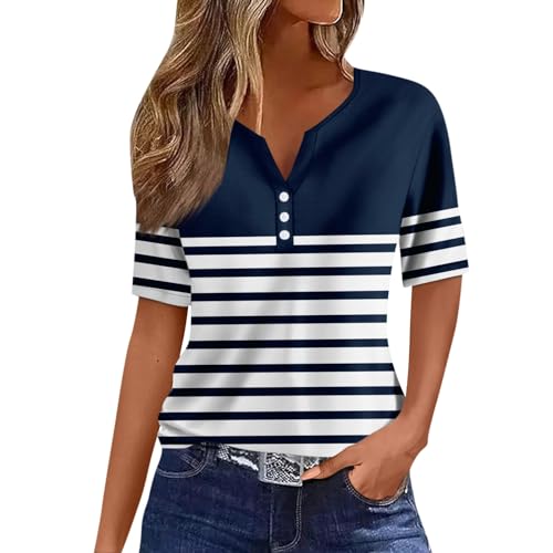 YunYoud Tunika Damen Elegant Tunika Damen Große Größen T-Shirt Mädchen Gestreifter Druck V-Ausschnitt Henley Bluse Kurzarm Oversize Shirt Locker Tunika Bluse T-Shirt Teenager Mädchen (Dunkelblau, XL von YunYoud