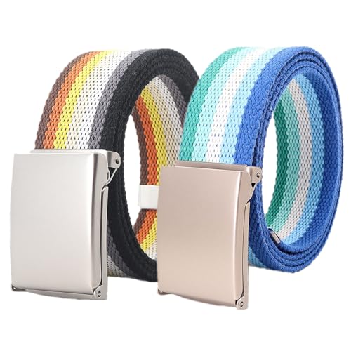 YunYunStrap Damen Herren Regenbogen Canvas Web Gürtel Größe bis zu 180cm mit Flip-Top massive mattsilberne Militärschnalle, 2er-Pack von YunYunStrap