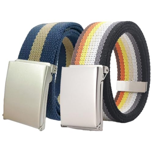YunYunStrap Damen Herren Regenbogen Canvas Web Gürtel Größe bis zu 180cm mit Flip-Top massive mattsilberne Militärschnalle, 2er-Pack YunYunStrap Damen Herren Regenbogen Canvas Web Gürtel Größe bis zu 180cm mit Flip-Top massive mattsilberne Militärschnalle, 2er-Pack von YunYunStrap