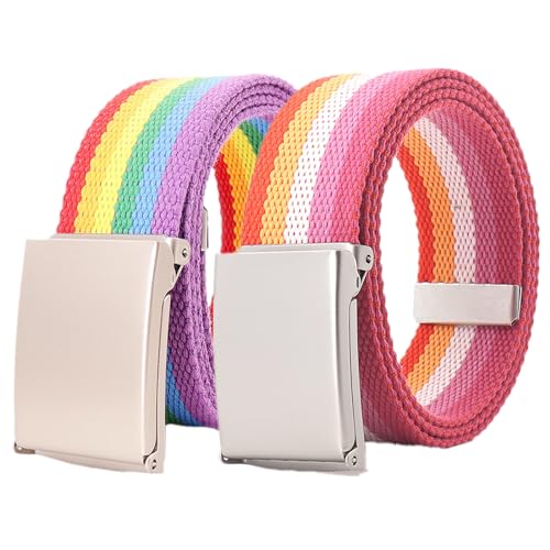 YunYunStrap Damen Herren Regenbogen Canvas Web Gürtel Größe bis zu 180cm mit Flip-Top massive mattsilberne Militärschnalle, 2er-Pack YunYunStrap Damen Herren Regenbogen Canvas Web Gürtel Größe bis zu 180cm mit Flip-Top massive mattsilberne Militärschnalle, 2er-Pack von YunYunStrap