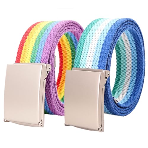 YunYunStrap Damen Herren Regenbogen Canvas Web Gürtel Größe bis zu 180cm mit Flip-Top massive mattsilberne Militärschnalle, 2er-Pack YunYunStrap Damen Herren Regenbogen Canvas Web Gürtel Größe bis zu 180cm mit Flip-Top massive mattsilberne Militärschnalle, 2er-Pack von YunYunStrap