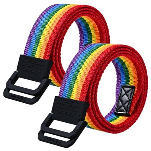 YunYunStrap Regenbogen Canvas Gürtel für Herren und Damen, Größe bis zu 175 cm, mit Doppel-D-Ring-Schnalle, 2 Stück YunYunStrap Regenbogen Canvas Gürtel für Herren und Damen, Größe bis zu 175 cm, mit Doppel-D-Ring-Schnalle, 2 Stück von YunYunStrap