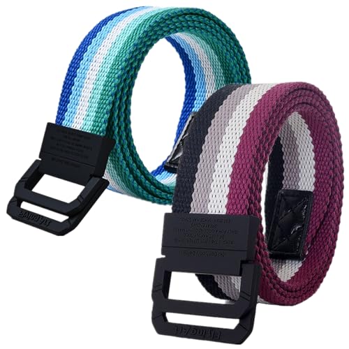 YunYunStrap Regenbogen Canvas Gürtel für Herren und Damen, Größe bis zu 175 cm, mit Doppel-D-Ring-Schnalle, 2 Stück von YunYunStrap