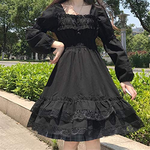 Yunbai Japanische Frauen Gothic Square Kragen Spitze Rüschen Schwarz Lolita Kleid Herbst Mädchen Punk Stil Langarm Mini Kleider (Color : Long Sleeve, Size : Small) von Yunbai