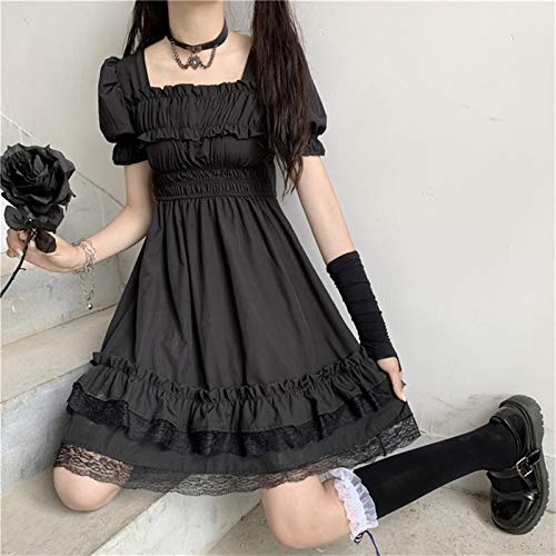 Yunbai Japanische Frauen Gothic Square Kragen Spitze Rüschen Schwarz Lolita Kleid Herbst Mädchen Punk Stil Langarm Mini Kleider (Color : Short Sleeve, Size : Large) von Yunbai