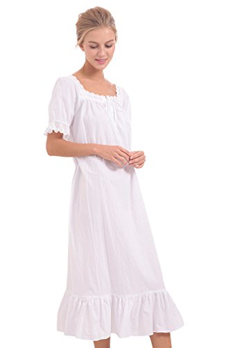 Yuncai Damen Reine Farbe Prinzessin Baumwolle Nachtwäsche Frühling Sommer Kurzarm Nachthemd Weiß L von Yuncai