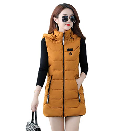 Yuncai Damen Winter Weste Outdoor Steppweste mit Kapuze Frauen Lang Ärmellos Parka Mode Vest Outwear (Dunkel Gelb, Asia 4XL) von Yuncai