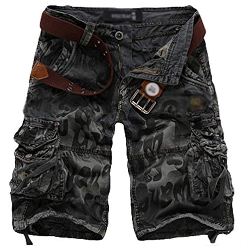 Yuncai Leopard Camouflage Shorts mit Mehreren Taschen und Lockerem Werkzeug Camo Cargo Shorts Kurzhose (Dunkelgrau, Asia XL) von Yuncai