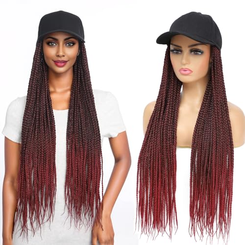 Yunkang Geflochtene Baseballmütze, Perücke, geflochten, mit Hüten, Perücke, 61 cm lang, Ombré, rot, synthetisches Haar, für Frauen (B-Tbug) von Yunkang
