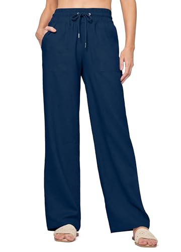 Yunmlep Damen Hose Sommer Leinenhose Lässige Baumwolle Leinen Stoffhose Freizeithose Leichte Sommerhose Strandhose Bequeme Palazzo Hose und Taschen (Navy Blau, M) von Yunmlep