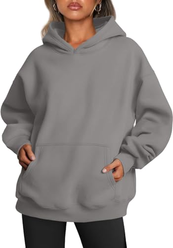 Yunmlep Hoodie Damen Kapuzenpullover Oversize Casual Pullover Sweatshirt Langarm Baumwolle Pulli Herbst Winter Hoody mit Tasche (Dunkelgrau, M) von Yunmlep
