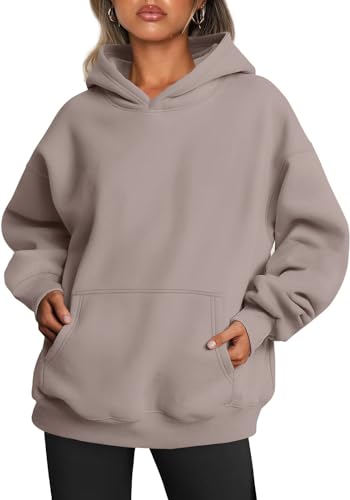 Yunmlep Hoodie Damen Kapuzenpullover Oversize Casual Pullover Sweatshirt Langarm Baumwolle Pulli Herbst Winter Hoody mit Tasche (Kaffeegrau, L) von Yunmlep