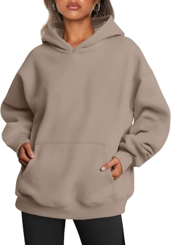 Yunmlep Hoodie Damen Kapuzenpullover Oversize Casual Pullover Sweatshirt Langarm Baumwolle Pulli Herbst Winter Hoody mit Tasche (Kaffeegrau, L) von Yunmlep
