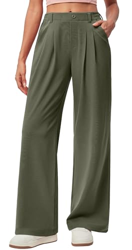 Yunmlep Hosen Damen Waffel Stoffhose Elegant Lässig Anzughose Leichte Palazzo Hose High Waist Damenhose Weites Bein Freizeithose mit Taschen (Armeegrün, XXL) von Yunmlep