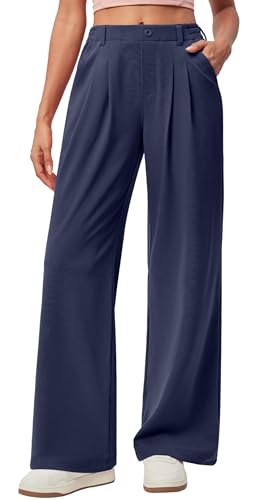 Yunmlep Hosen Damen Waffel Stoffhose Elegant Lässig Anzughose Leichte Palazzo Hose High Waist Damenhose Weites Bein Freizeithose mit Taschen (Dunkelblau, XL) von Yunmlep
