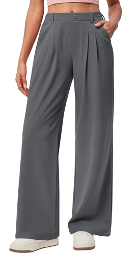 Yunmlep Hosen Damen Waffel Stoffhose Elegant Lässig Anzughose Leichte Palazzo Hose High Waist Damenhose Weites Bein Freizeithose mit Taschen (Dunkelgrau, XXL) von Yunmlep