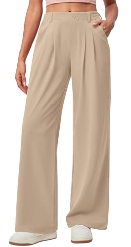 Yunmlep Hosen Damen Waffel Stoffhose Elegant Lässig Anzughose Leichte Palazzo Hose High Waist Damenhose Weites Bein Freizeithose mit Taschen (Khaki, M) von Yunmlep