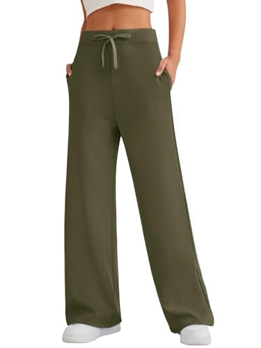Yunmlep Jogginghose Damen Baumwolle Freizeithose High Waist Trainingshose Sporthose Lang Bequem Hose Weites Bein mit Taschen (Armeegrün-1, XL) von Yunmlep